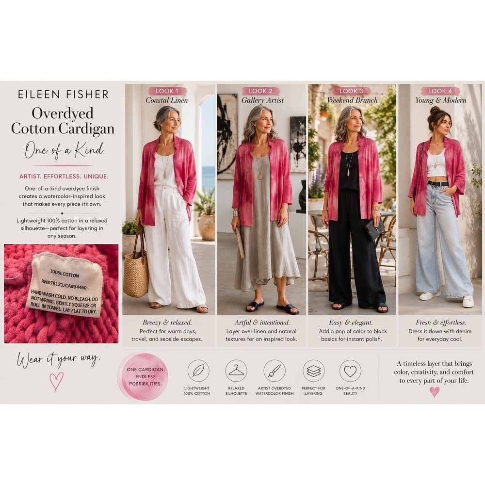 Eileen Fisher Pink Overdyed Cotton Open Cardigan XL Watercolor Dyed - Picture 6 of 7